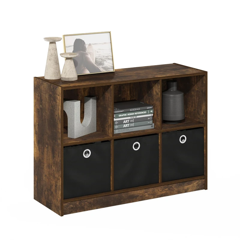 Furinno BASIC Book Shelf, 6-Cube Bookshelf, 3 x 2 Bookcase with Storage Bins, 11.9 x 31.6 x 23.6, for Living Room, Bedroom, Home Office, Amber PINE