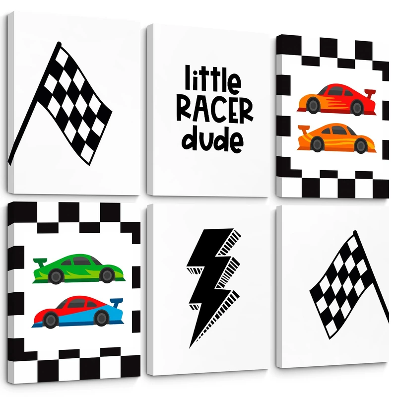 Race Car Wall Art Pictures Boys Room Wall Decor Nursery Toddler Canvas Wall Art Kids Playroom Art Prints Boys Race Car Poster Nursery Artwork Set of 6 for Bedroom 12x16 Inch Framed