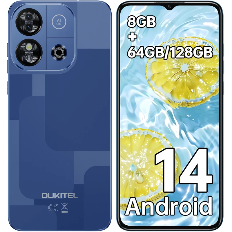 OUKITEL Mobile Phones, C57S Android 14 Phones, 8GB(2+6) RAM + 64GB ROM (TF 128GB) Octa Core, 6.52" HD+ Display, 4300mAh Smart phone, 5W Fast Charge, 13MP+5MP Camera, FaceID, GPS, OTG, GPS - Blue