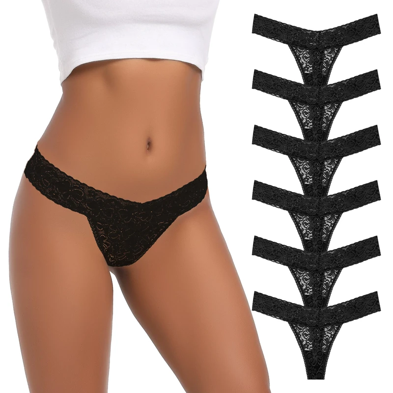 WKFIINM Lace Thong for Women Plus Size G-Strings Panties Low Waist Cotton Thongs For Woman Tangas Underwear Pack 6, 6 Pieces Black, M