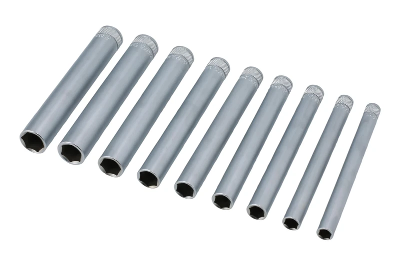 Laser 8904 Extra Long Socket Set 1/4" D 9pc | 8, 9, 10, 11, 12, 13, 14, 15, 16mm | 1/4" D Single hex Profile | Length: 140mm | Satin Finish Chrome Vanadium | Presented in an EVA Foam Tray