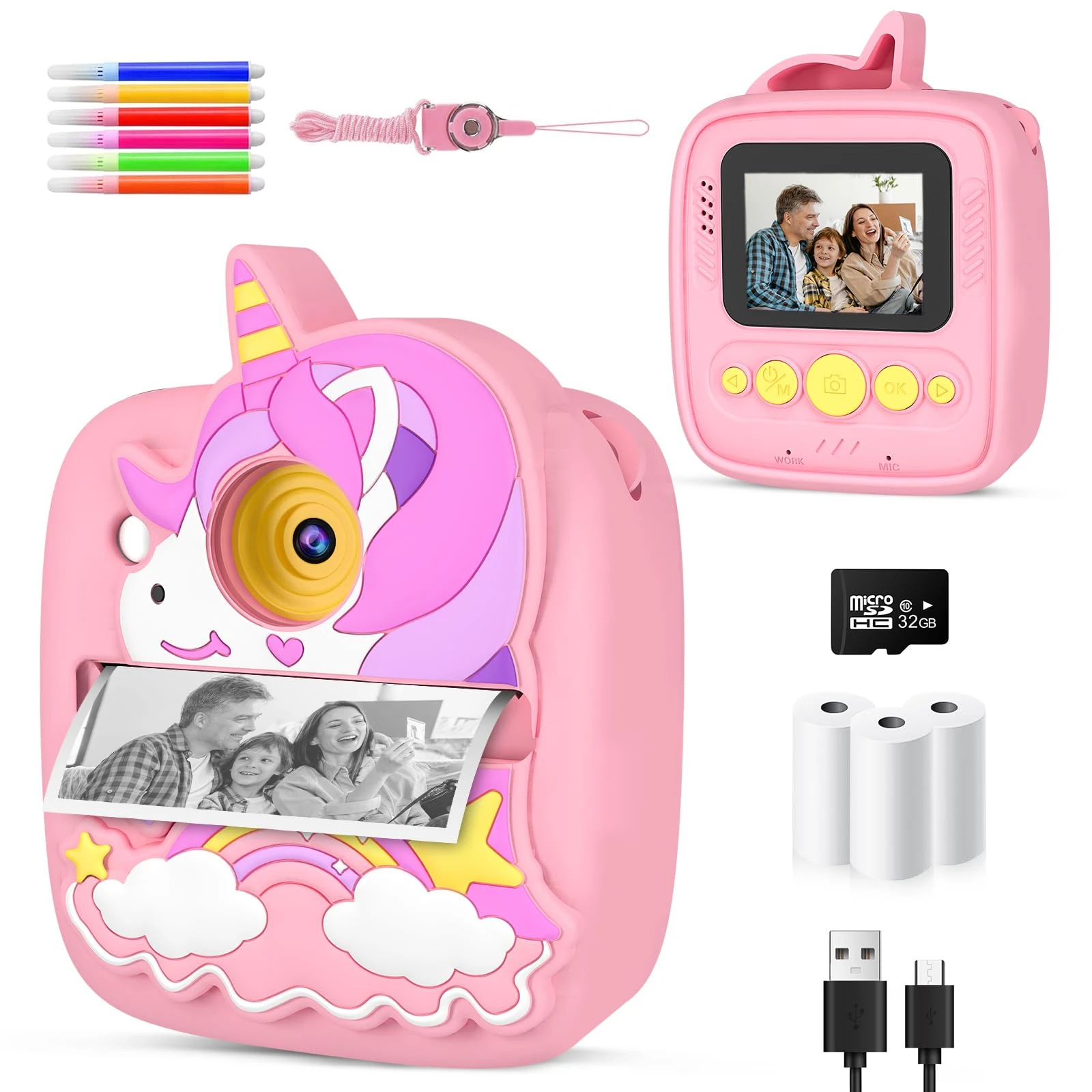 Kids Camera Instant Print, Birthday Presents for 3 4 5 6 7 8 9 Year Old Girls, 48MP & 1080P HD Kids Digital Camera with 32GB SD Card, 3 Rolls Paper & Unicorn Silicone Cover