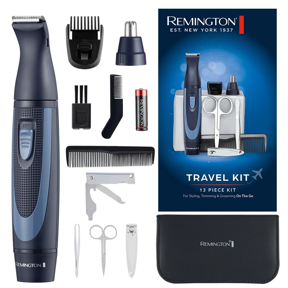 Remington Grooming Kit: 13-Piece Travel Set - Beard Trimmer, Nose & Ear Hair Trimmer, Manicure/Pedicure Set - Blue, For Men/Unisex, Adults/Youth
