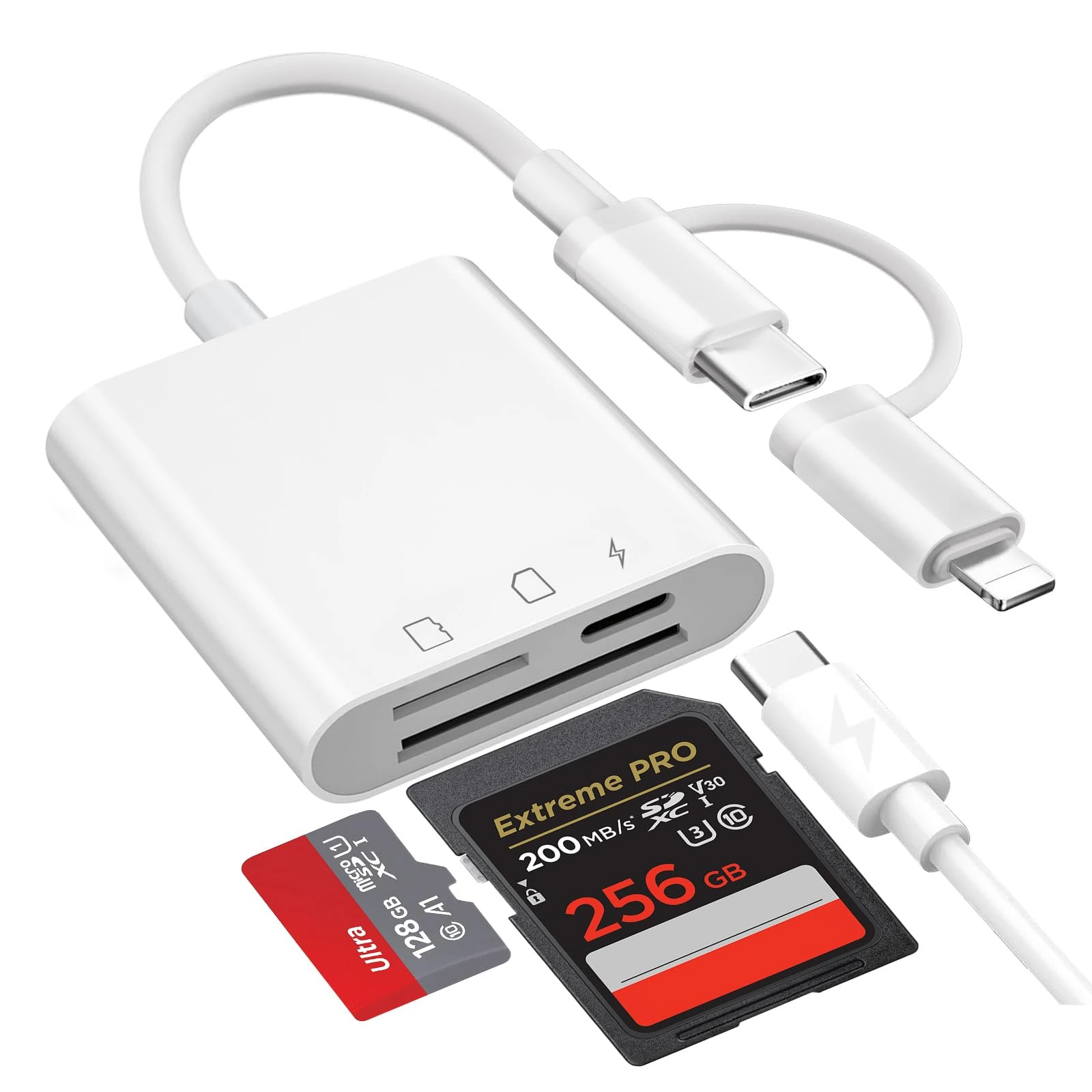 Dual Connectors Dual Slots SD Card Reader for iPhone iPad with Charging USB, Lightning & USB C MicroSD Camera Memory Card Reader for iPhone16/15/14/13/12/11/8/7 Series