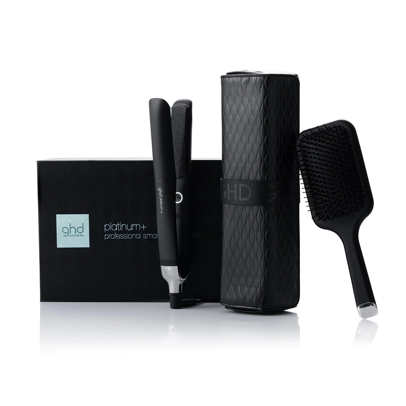 ghd Platinum+ Gift Set - Hair Straighteners with Paddle Brush and Heat Resistant Styler Bag, Smart Adapts to Hair Thickness and Styling Speed, 2X More Colour Protection, UK Plug