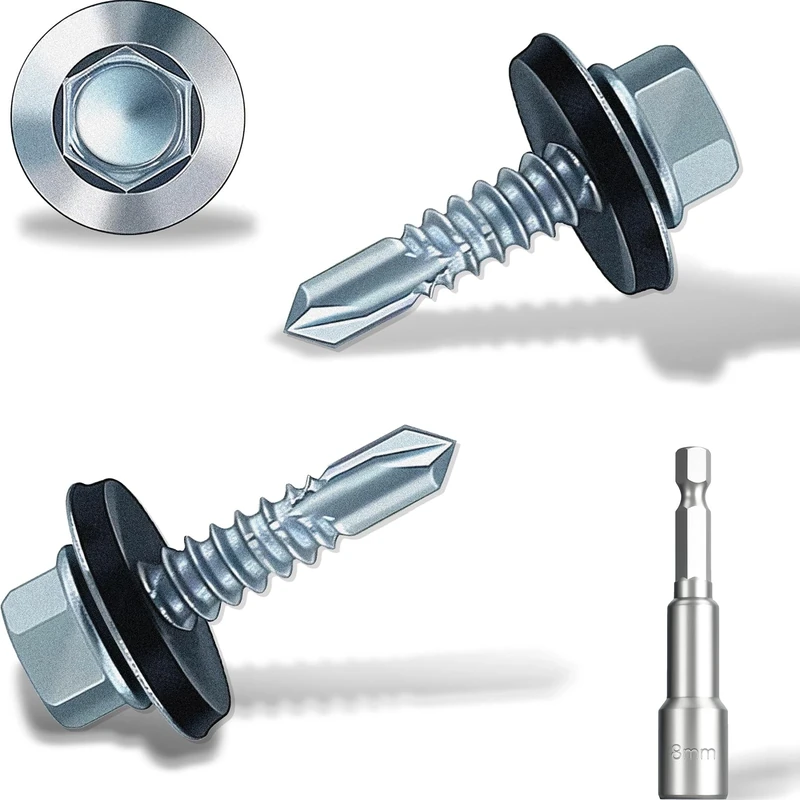 4.8x19 mm Self-Drilling Roofing Screws, 250 pcs Hex Head Self Tapping Screws, Hex Head Self-Drilling Roof Screws with Rubber Sealing Washer. with Hex Socket, Zinc Plat.