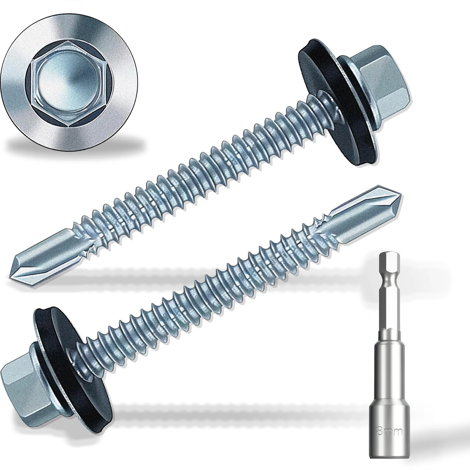 4.8x50 mm Self-Drilling Roofing Screws, 50 pcs Hex Head Self Tapping Screws, Hex Head Self-Drilling Roof Screws with Rubber Sealing Washer. with Hex Socket, Zinc Pla.