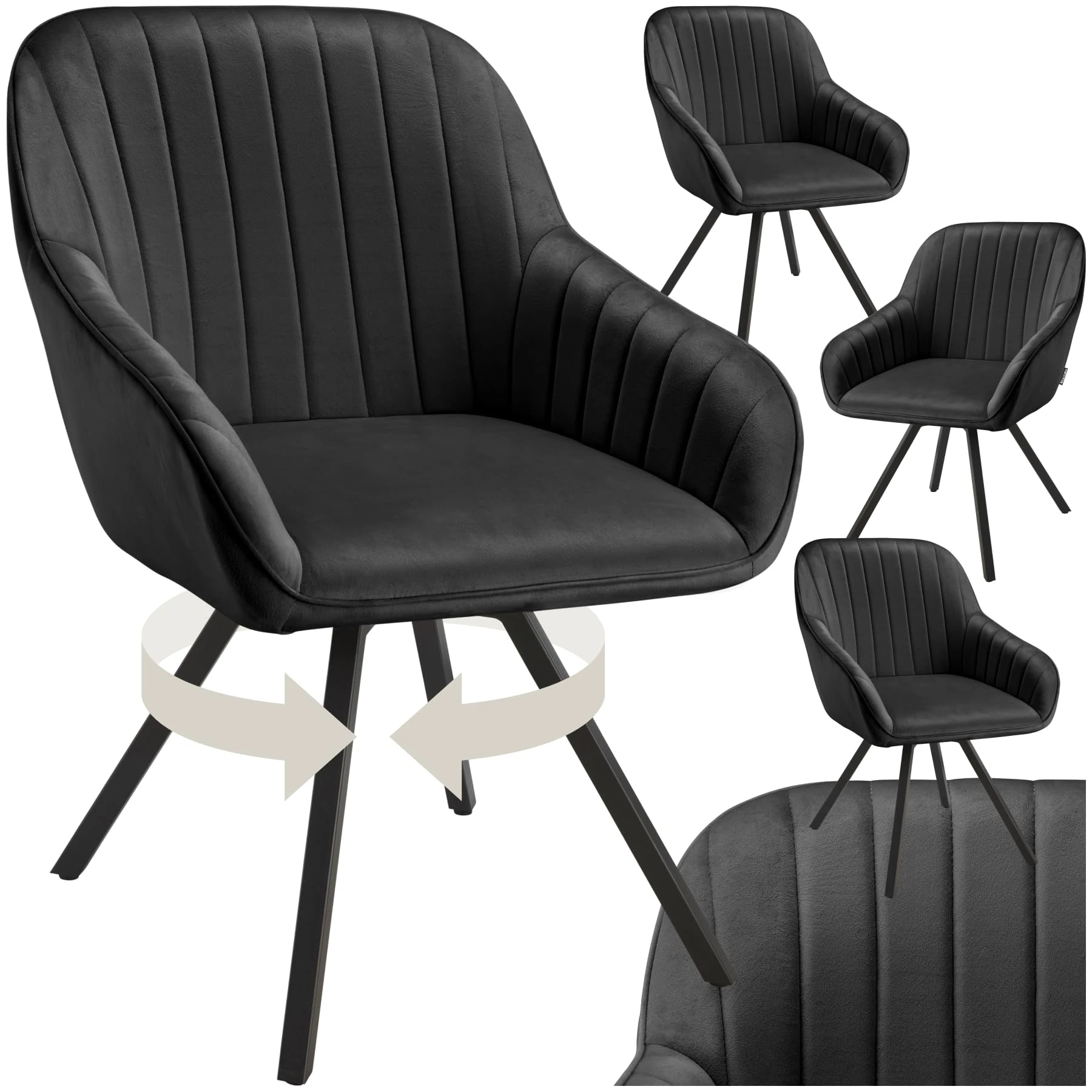 TecTake® Set of 4 Velvet Dining Chairs with Slim Steel Legs, Large Arm- & Backrests, Soft Padding, 360° Swivel Armchairs with Height-Adjustable Feet - Ideal Living Room, Kitchen & Desk Chairs - Black