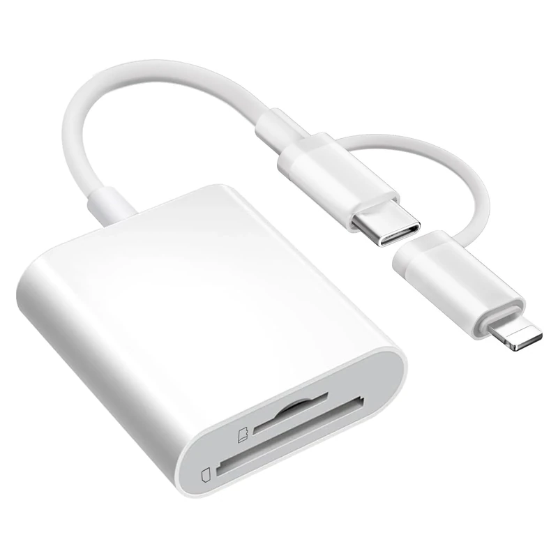 Dual Connectors Dual Slots SD Card Reader for iPhone iPad, Lightning & USB C to MicroSD/SD Card Viewer Camera Memory Card Reader USB C OTG Adapter for Devices with iOS/Android/Other System