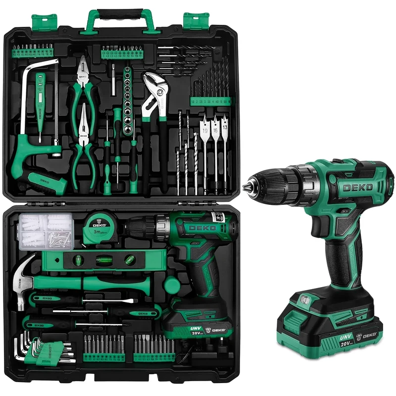 DEKO 20V Power Drill Tool Box with Battery Electric Drill Driver for Men Home Hand Repair Basic Toolbox Tools Set, 186 Pieces (Green)