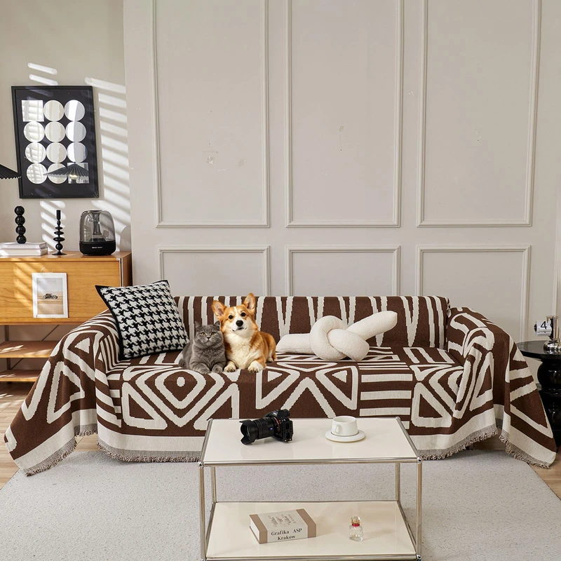 VClife Boho Creamy White Brown Plaid Couch Cover with Tassel, 71 X 118