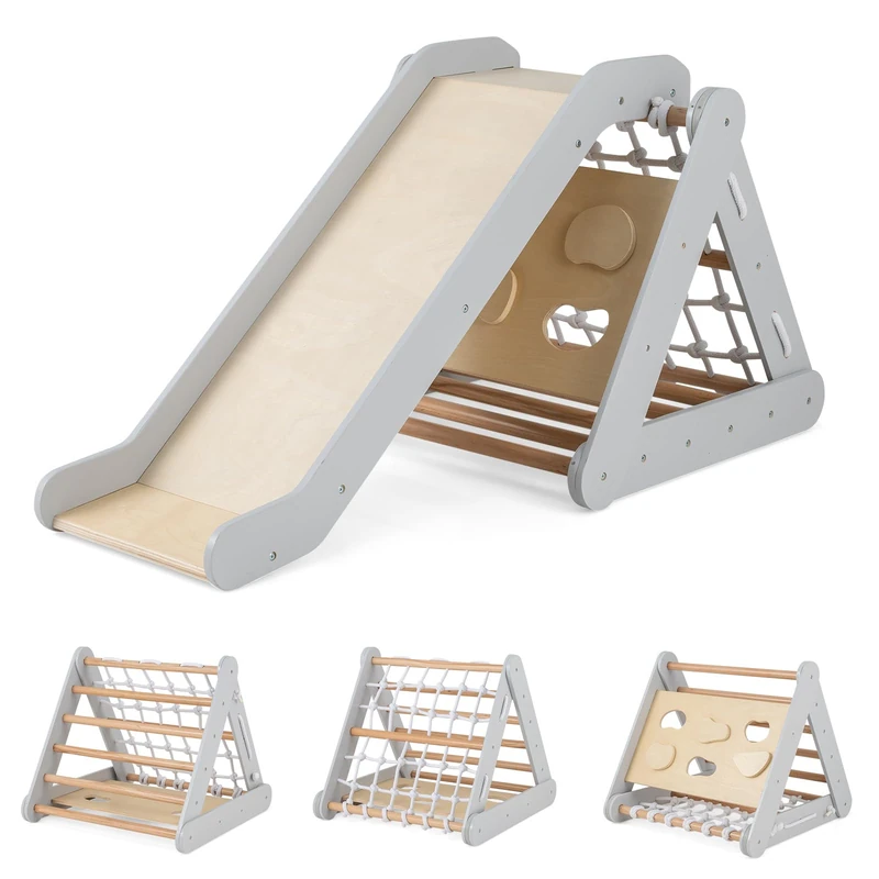 GYMAX 4 in 1 Kids Climbing Set, Wooden Toddler Climber with Slide, Outdoor Indoor 3 Sides Climbing Frame for 1 Years Old + Boys Girls (Natural+Grey)