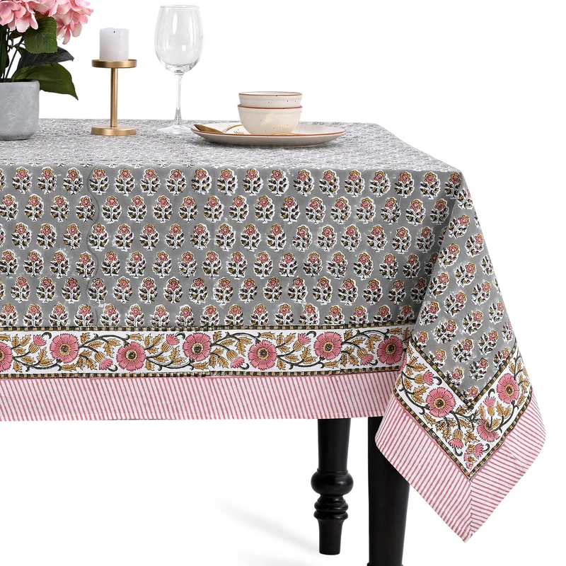 CPC Tablecloth 100% Cotton 72x190 Inch Indian Block Print Rectangle Table Cover, Gray Pink Table Cloth for Weddings, Spring/Summer, Barbeque - Labra Gray