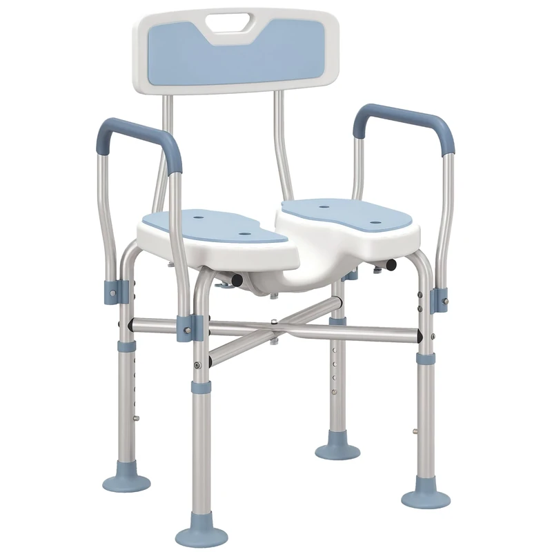 HOMCOM Shower Chair with Hygiene Cut-Out Seat and Reinforced Crossbars, Height Adjustable Padded Bath Chair with Non-slip Feet for Elderly Seniors Disabled Handicap, Tool-Free Assembly, Light Blue