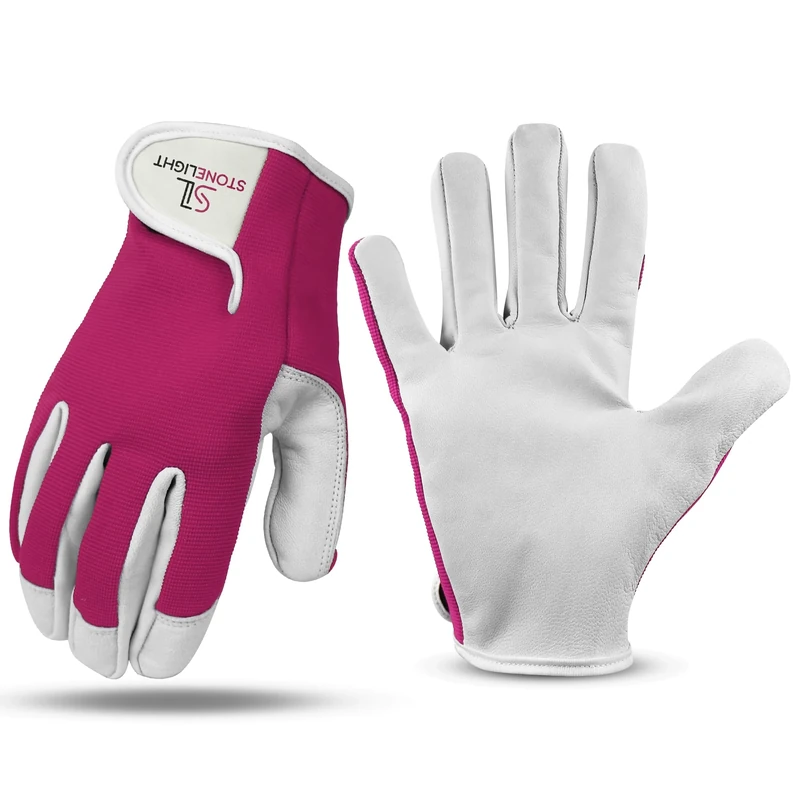 STONELIGHT Unisex Gardening Gloves Made with Leather & Spandex - Thorn Proof Rigger Safety Work Gloves with Reinforced Fingertips, Adjustable Wrist Closure, Waterproof & Breathable (Pink, XL)
