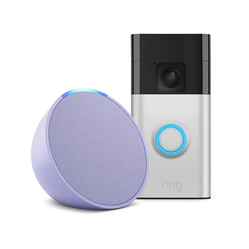New Ring Battery Video Doorbell (2024 release) | Satin Nickel, Works with Alexa + Echo Pop | Lavender Bloom - Smart Home Starter Kit