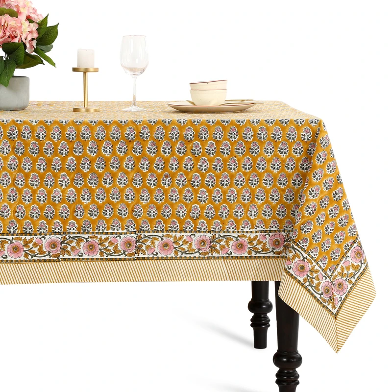 CPC Tablecloth 100% Cotton 72x160 Inch Indian Block Print Rectangle Table Cover, Yellow Table Cloth for Weddings, Spring/Summer, Barbeque - Yellow Citrine