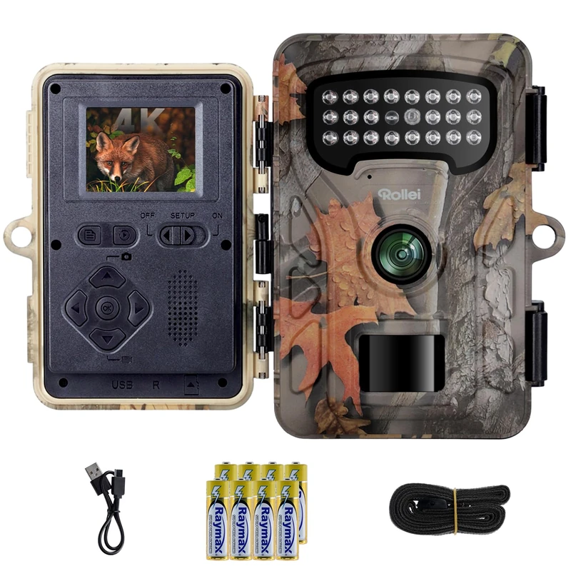 Rollei Wildlife Camera HD-30, 48MP 4K Wildlife Camera with Motion Sensor, Night Vision, Infrared Hunting Camera with Battery & 2 Inch IPS Display, 0.4s Trigger Time, IP54 Surveillance Camera with
