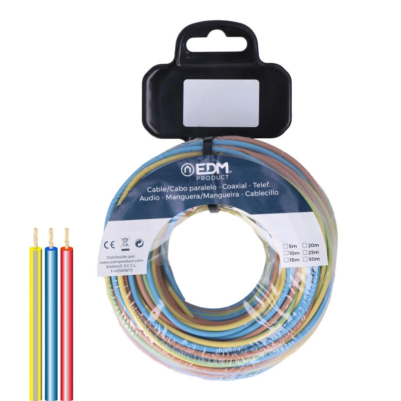 Flexible Cable Reel 2.5 mm, with 3 Wires (AZ-M-T) of high Quality. Length of 20 Meters per Color, totaling 60 Meters. Ideal for Your Electrical and DIY Projects.