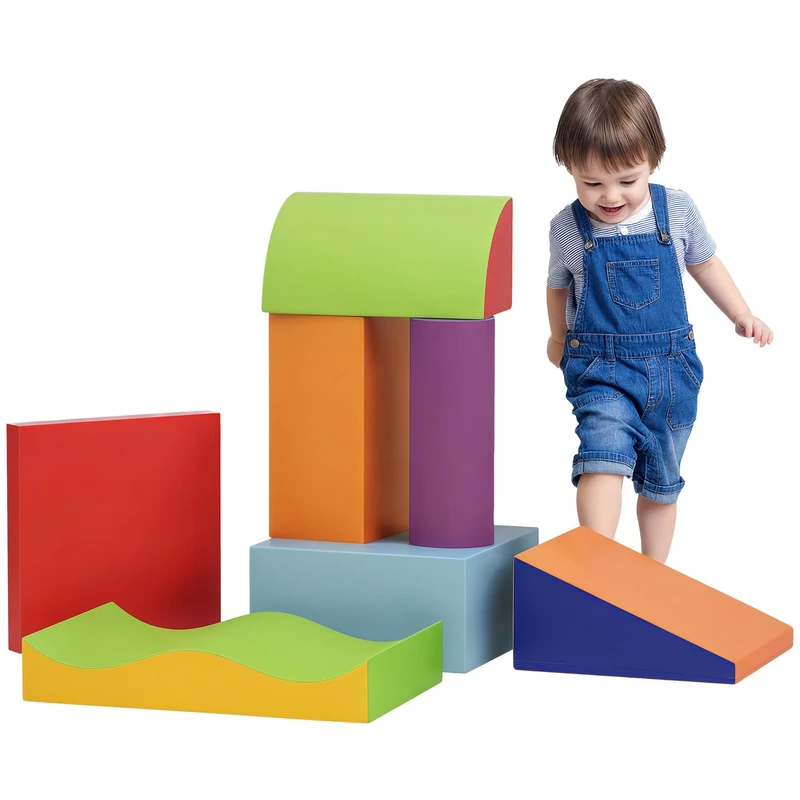 HOMCOM Soft Play Set, 7 Piece Foam Blocks, Toddler Climb and Crawl Activity Set for 1–3 Years, Soft Play Equipment for Building and Stacking, Learning Toy, Blue