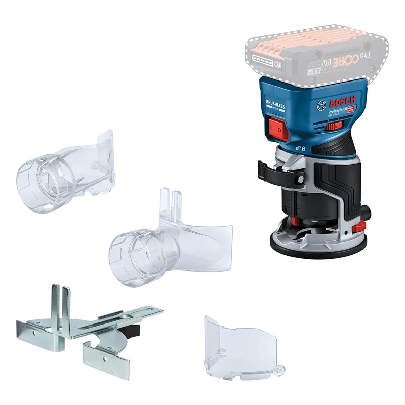 Bosch Professional 18V System Cordless Router GKF 18V-8 (incl. Parallel Guide, 2X Routing vac adaptors, Chip Shield, 8mm Collet, Wrench, Without Battery/Charger)