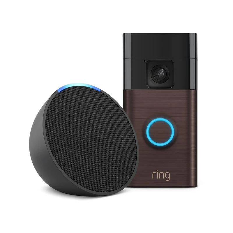 Ring Battery Video Doorbell | Venetian Bronze, Works with Alexa + Echo Pop | Charcoal - Smart Home Starter Kit