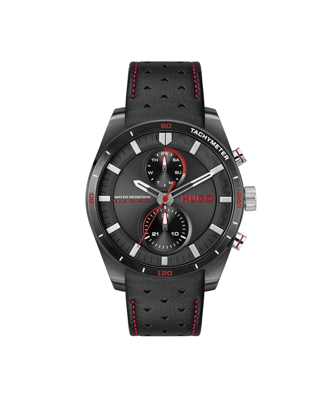 HUGO Analogue Multifunction Quartz Watch for men #FAST Collection with Stainless Steel and Leather strap