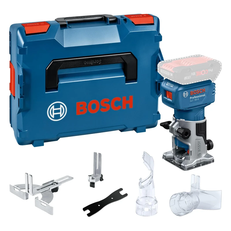 Bosch Professional 18V System Cordless Router GLF 18V-8 (incl. Parallel Guide, 2X vac Adaptor, Flush Trim Roller Guide, 8 mm Collet, L-BOXX)