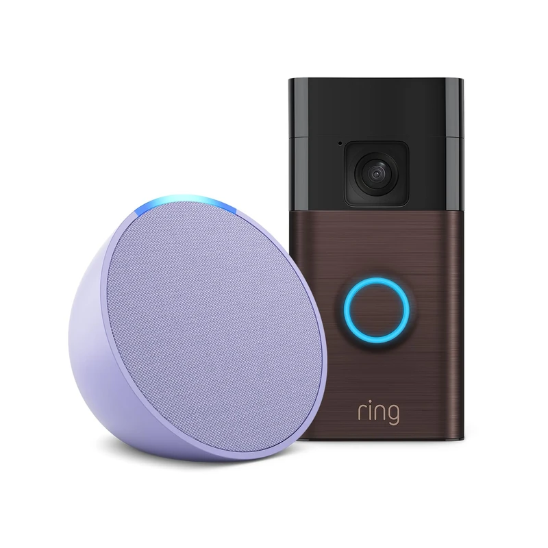 New Ring Battery Video Doorbell (2024 release) | Venetian Bronze, Works with Alexa + Echo Pop | Lavender Bloom - Smart Home Starter Kit