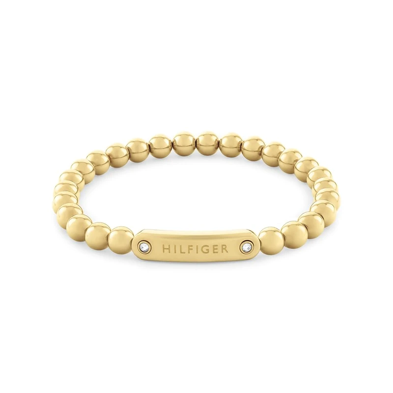 Tommy Hilfiger Jewelry Women's Beaded Bracelet in Yellow Gold with an Engraved Plaque - 2780935