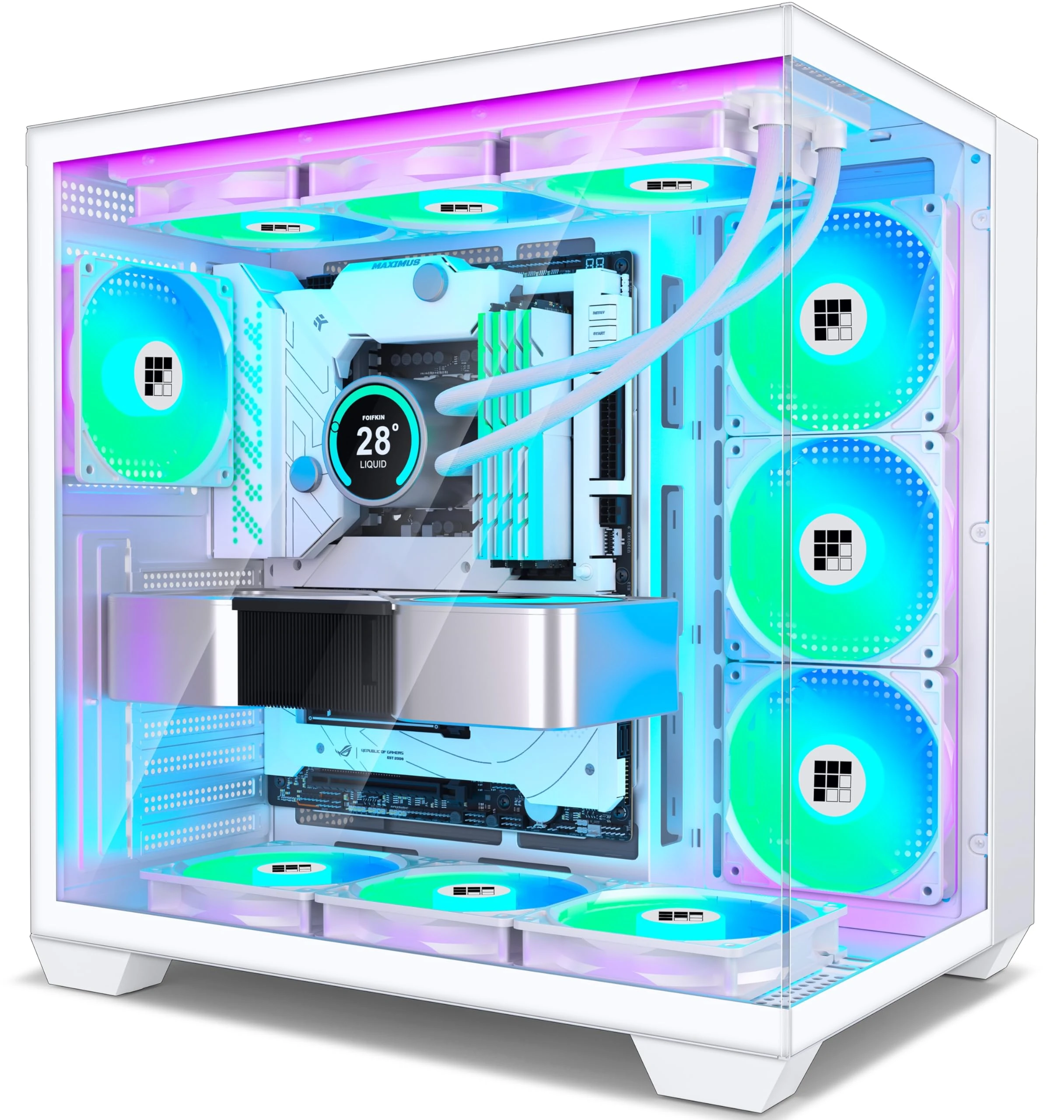 FOIFKIN F600 PC Case - Pre-Installed 7 PWM ARGB Fan, ATX Mid-Tower Gaming PC Case, 270° Panoramic Glass with Type-C (White, F600)