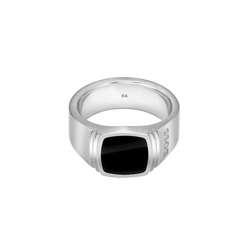 BOSS Jewelry Men's ODELL Collection Ring in Stainless Steel with Black Onyx