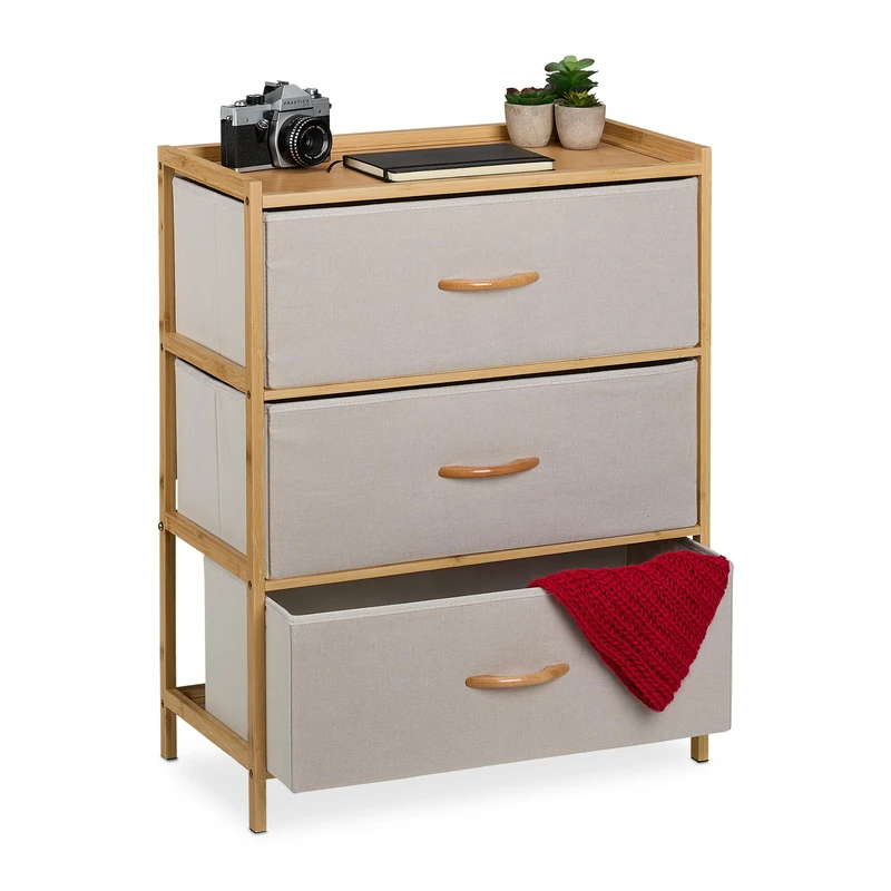Relaxdays Dresser, Storage Unit, Bamboo, 3 Fabric Drawers, Hallway, Bedroom, 73 x 57.5 x 30 cm, Cabinet, Natural/Beige