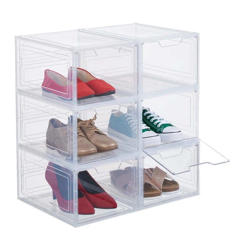 Relaxdays Set of 6 Shoe Storage Boxes, with Door, Stackable, for Footwear up to Size 50, Sneakers Organiser, Transparent, 18 x 25 x 34 cm