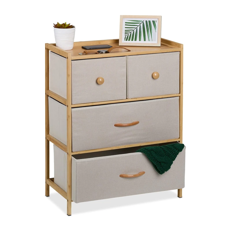 Relaxdays Dresser, Storage Unit, Bamboo, 4 Fabric Drawers in 2 Sizes, Hallway, Bedroom, HWD: 73 x 57.5 x 30 cm, Beige