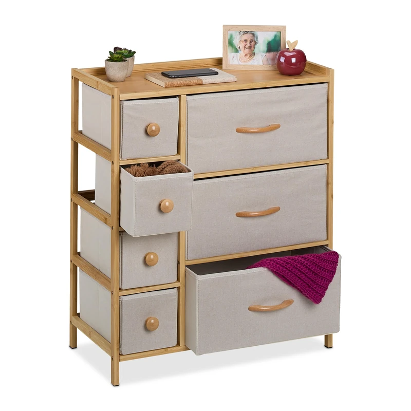 Relaxdays Dresser, Storage Unit, Bamboo, 7 Fabric Drawers, Hallway, Bedroom, HWD: 73 x 61.5 x 32.5 cm, Cabinet, Beige - Image 1