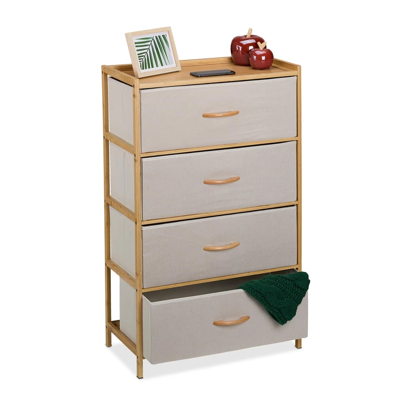 Relaxdays Dresser, Storage Unit, Bamboo, 4 Fabric Drawers, Hallway, Bedroom, HWD: 94 x 58 x 32.5 cm, Cabinet