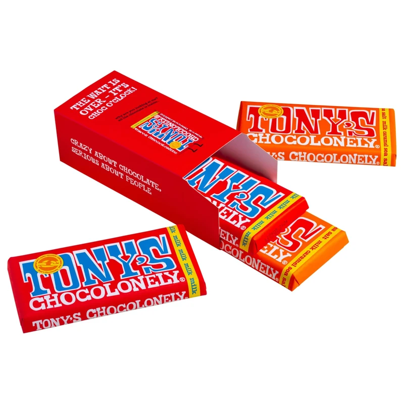 Tony's Chocolonely Milk Chocolate plus Milk Caramel Sea Salt Bars in Gift Box, 180 g x 4 Bars (2 of each flavour) - Belgian Fairtrade Chocolate, Multipack