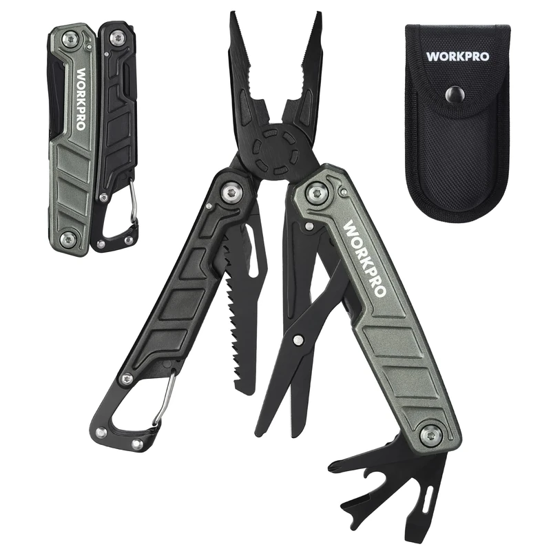 WORKPRO 11-in-1 Multi-Tool Pliers with Carabiner and Sheath, Stainless Steel Multi Tool with Carrying Bag, Scissors, Bottle Opener, Saw, Screwdriver, Carabiner for Camping