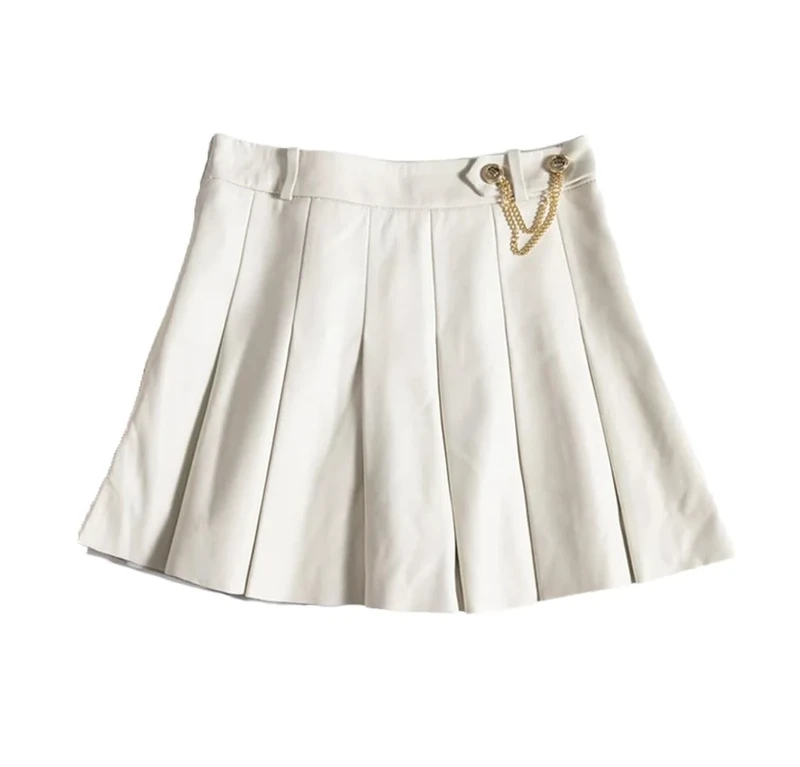 Women Lambskin Mini Pleated Skirt Playful College Style Japanese Korean Chain Leather Skirt White XXL