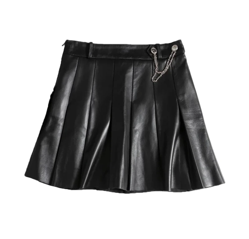 Women Lambskin Mini Pleated Skirt Playful College Style Japanese Korean Chain Leather Skirt Black XXL