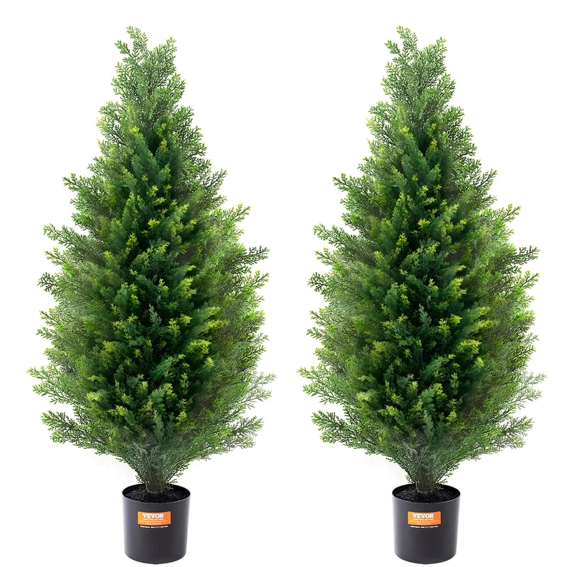 VEVOR Artificial Cedar Topiary Tree, 36 inch Tall (2 Pieces), with Extra Leaves & Pot Faux Evergreen Fake Pine Cypress Trees Plant, UV Rated Artificial Greenery Set for Home Decor Indoor/Outdoor
