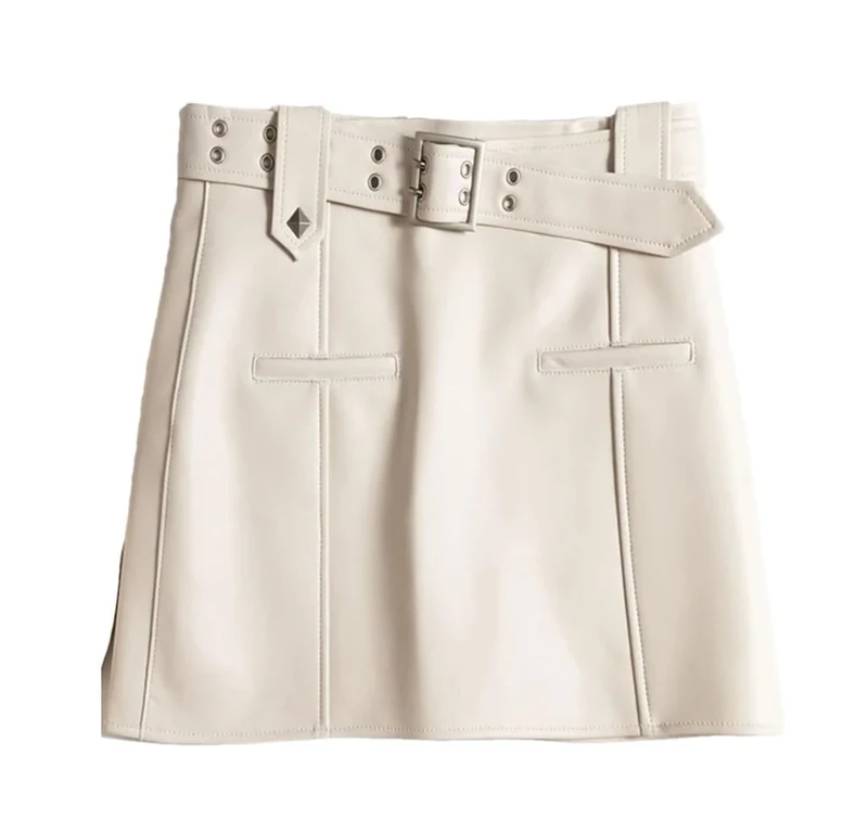 Women Leather Locomotive Skirt Double Row Hole Belt Slimming Mini Leather Skirt White L