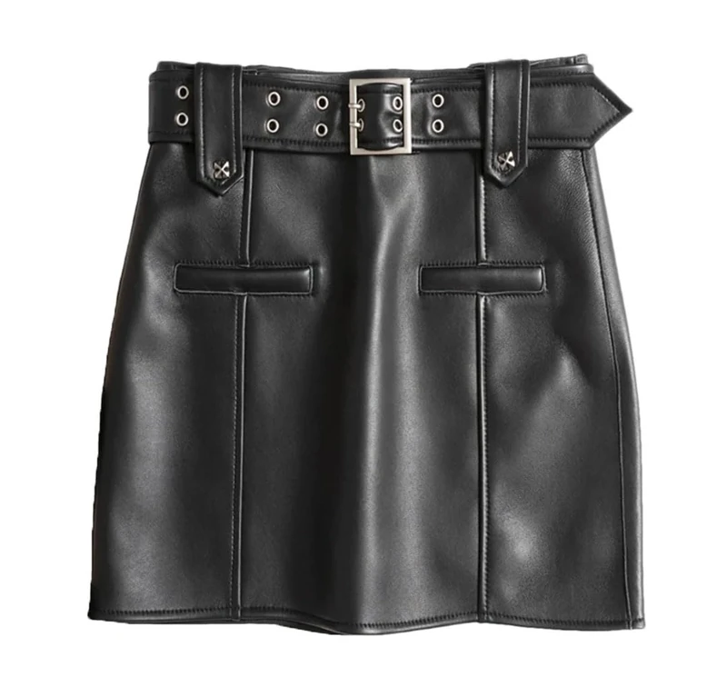 Women Leather Locomotive Skirt Double Row Hole Belt Slimming Mini Leather Skirt Black L