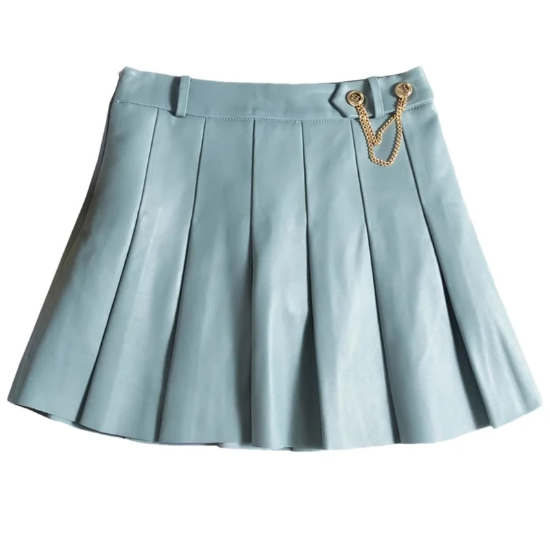 Women Lambskin Mini Pleated Skirt Playful College Style Japanese Korean Chain Leather Skirt Blue XXL