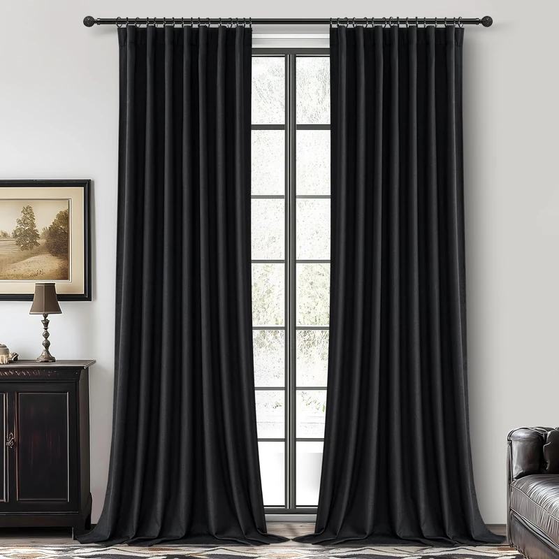 QJmydeco 100% Blackout 100 Inch Long Black Curtains for Bedroom 2 Panels Set, Modern Pleated Lush Decor Curtain Rod Pocket Black Boho Insulated Soundproof Large Window Heavy Linen Drape 50" Wx100 L