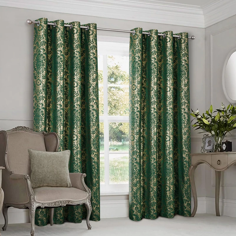 always4u 100% Blackout Damask Foil Print Green and Gold Ridged Velvet Curtains 108 Inches Long Drapes 2 Panels Shiny Metallic Window 54 * 108 Inches