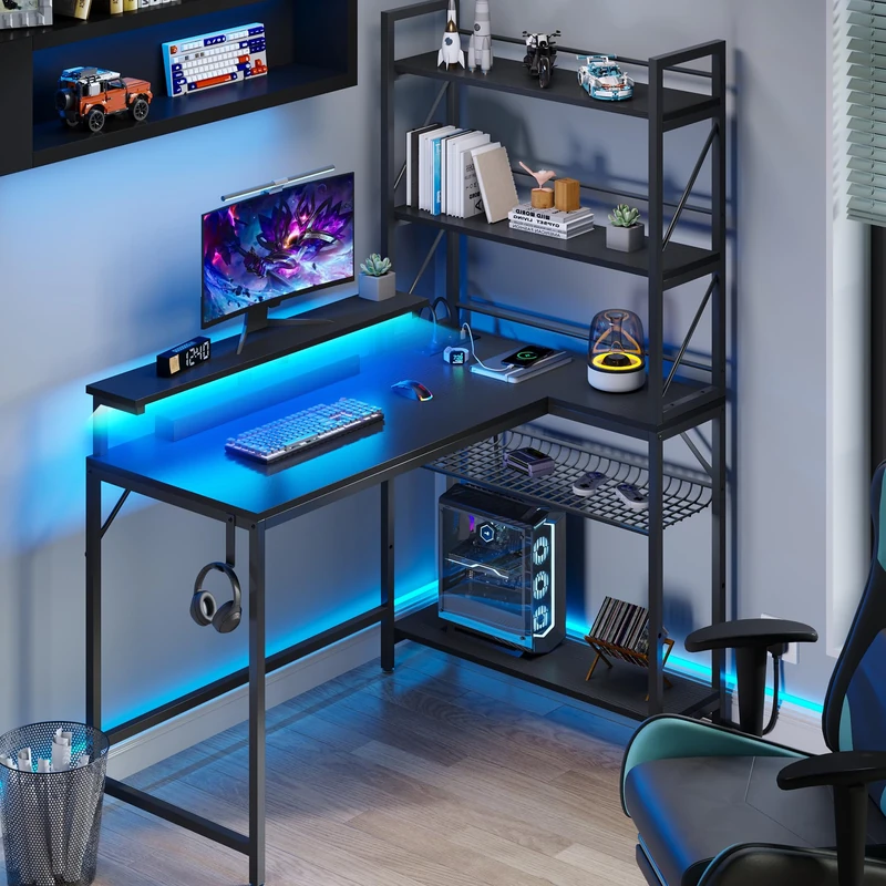 YITAHOME L Shaped Gaming Desk with Power Outlets & LED Lights Corner Desk with Shelves 106CM Reversible Computer Desk with Storage Shelves Gaming Desk with Hooks for Home Office Small Space (Black)