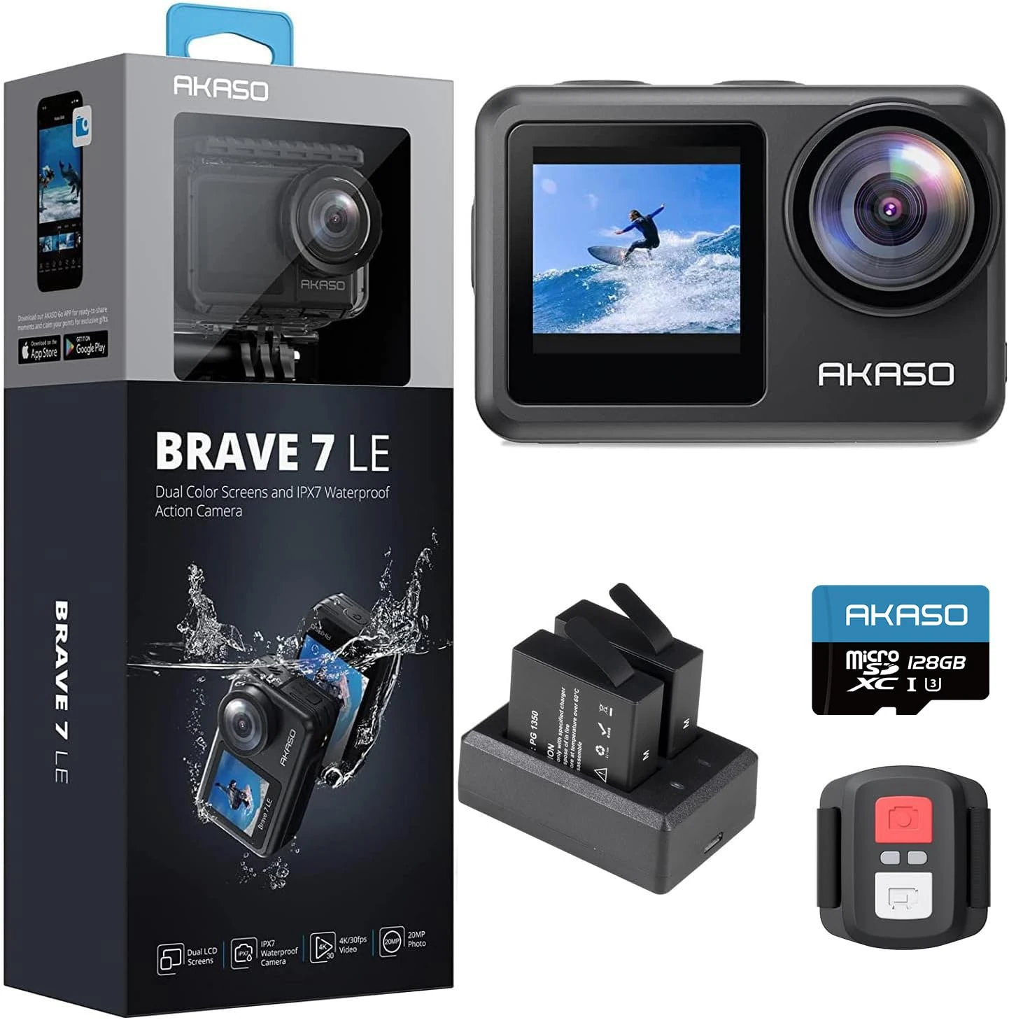 AKASO Brave 7 LE Action Camera with 128GB microSDXC Memory Card - 4K 20MP Touch Screen WiFi Sports Camera with Remote Control