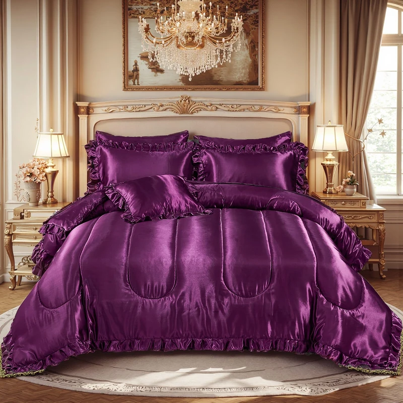 Silk Like Satin Comforter Set with Sheet Set King 8 Pcs Purple Satin Bedding Set Silky Ruffle Pattern Home Deocr Luxury Hotel Silky Bed in a Bag with 1 Cushion Cover